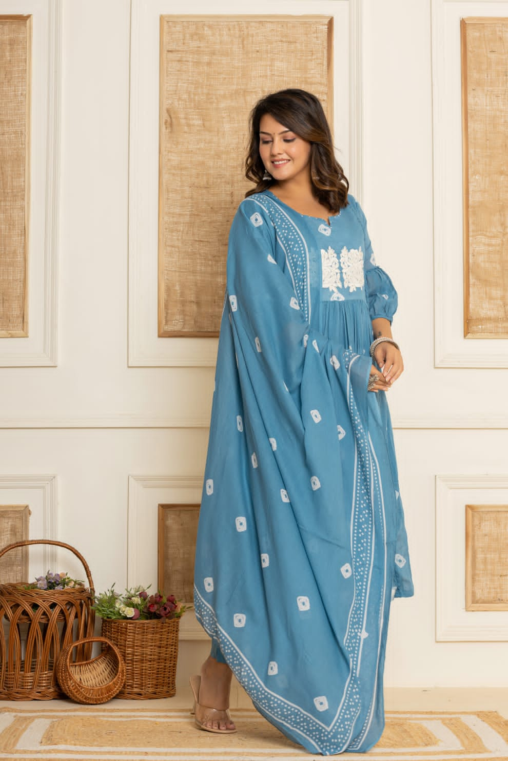 Ramya Solid Blue Embroidered Frock suit set