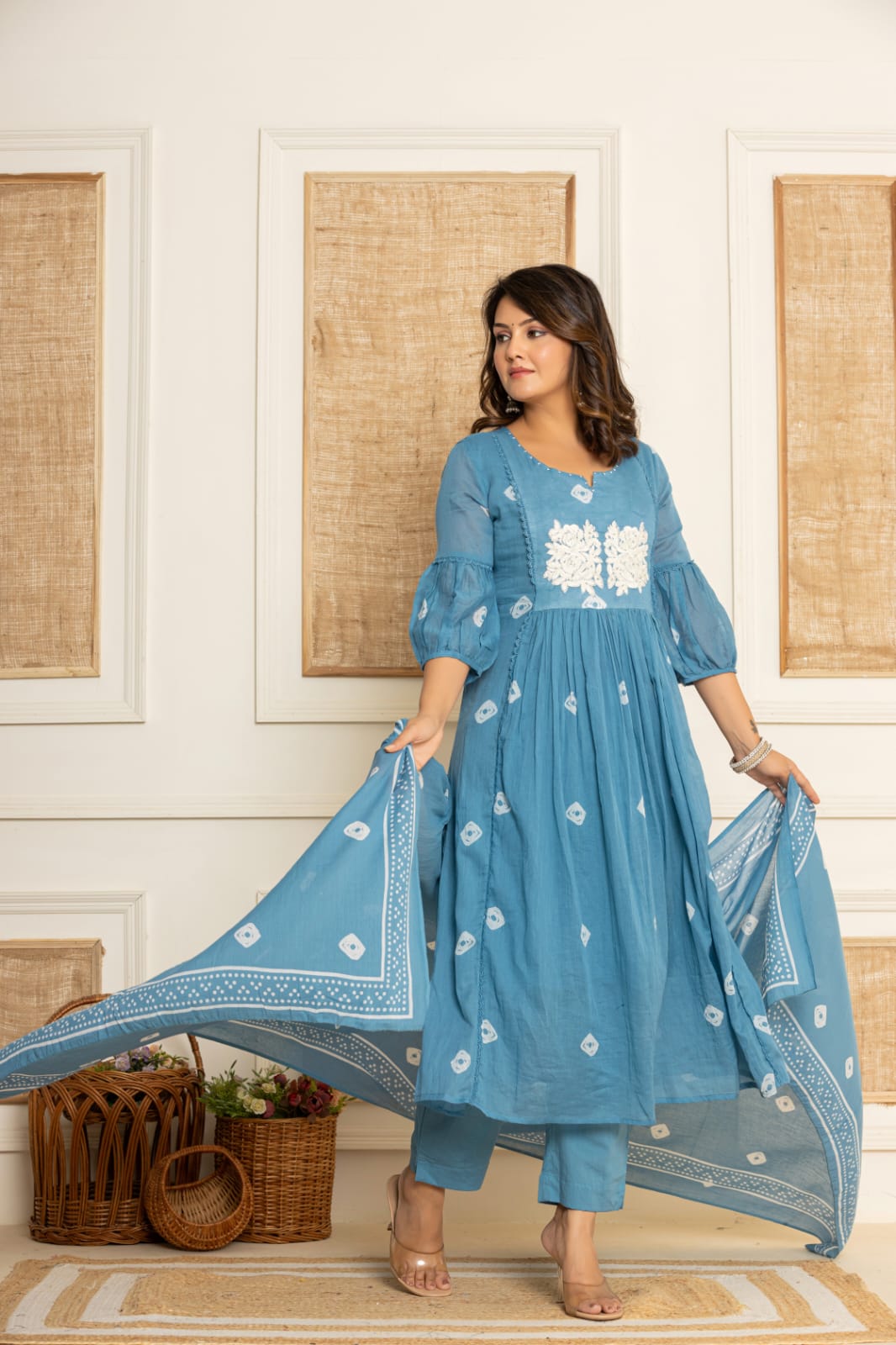 Ramya Solid Blue Embroidered Frock suit set