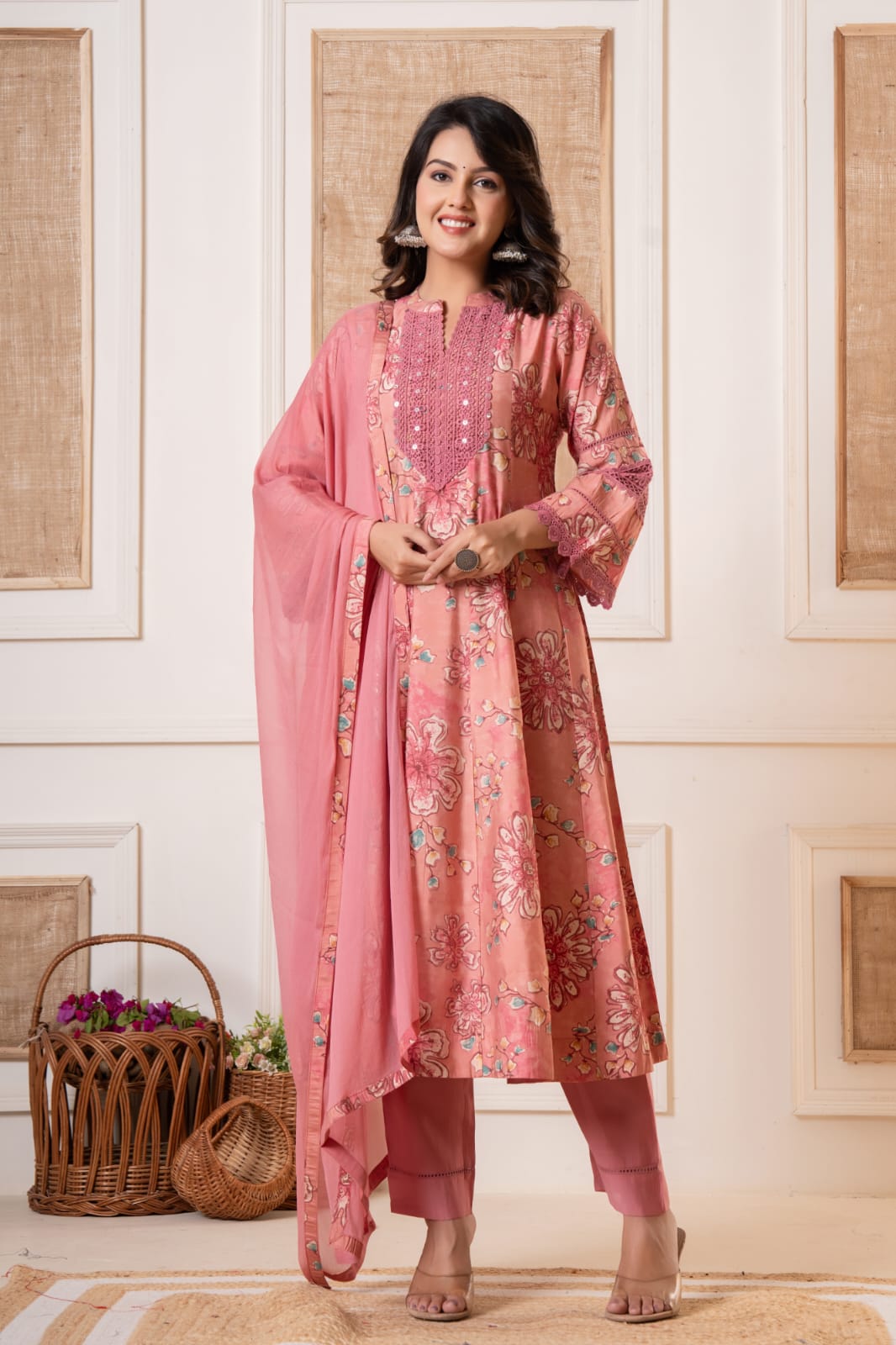 Ditya Floral Printed Pink Pakistani Anarkali Suit Set