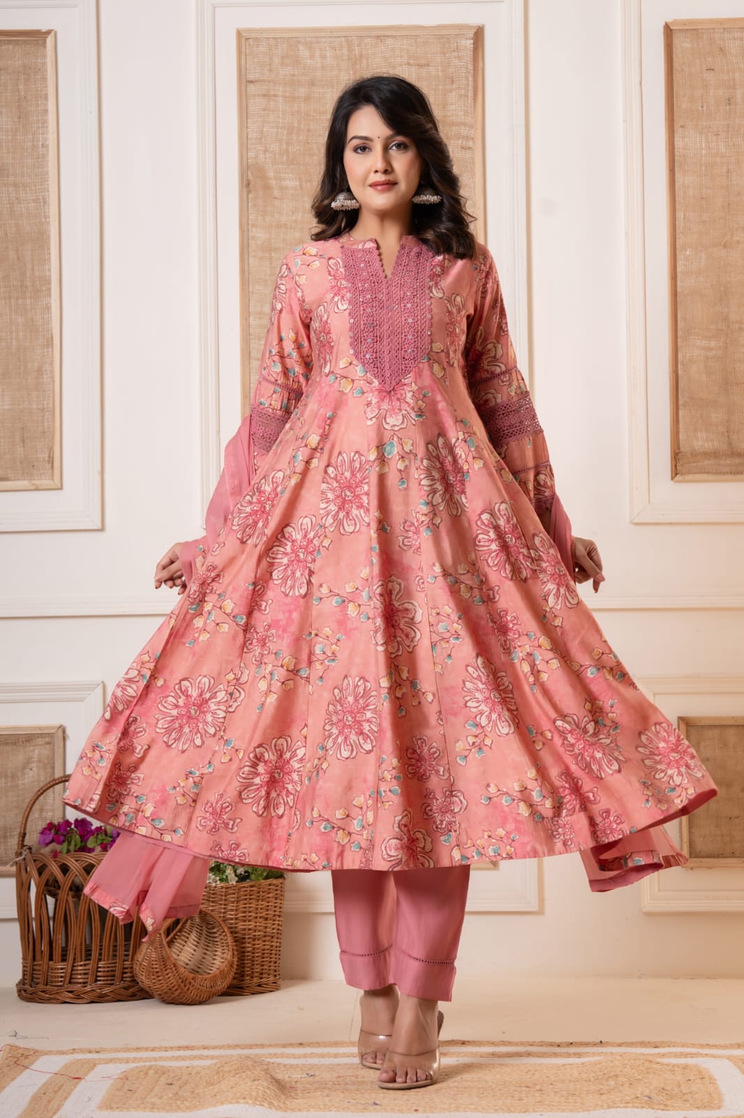 Ditya Floral Printed Pink Pakistani Anarkali Suit Set