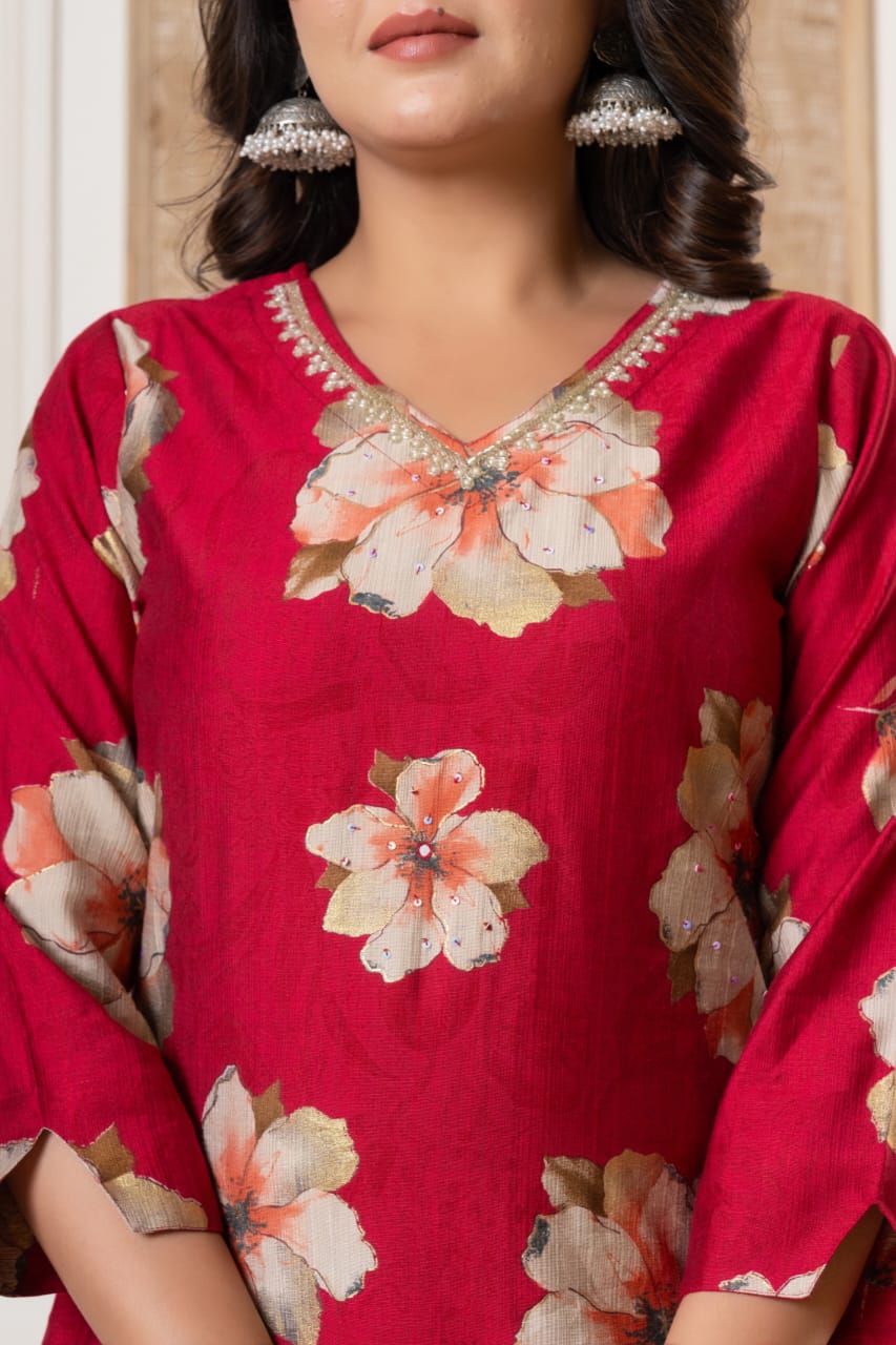 Kishori Floral Printed Red Straight Suit Set