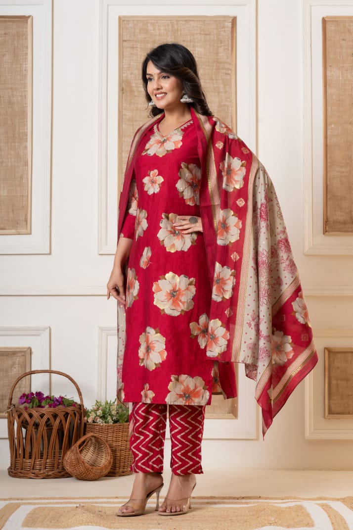 Kishori Floral Printed Red Straight Suit Set