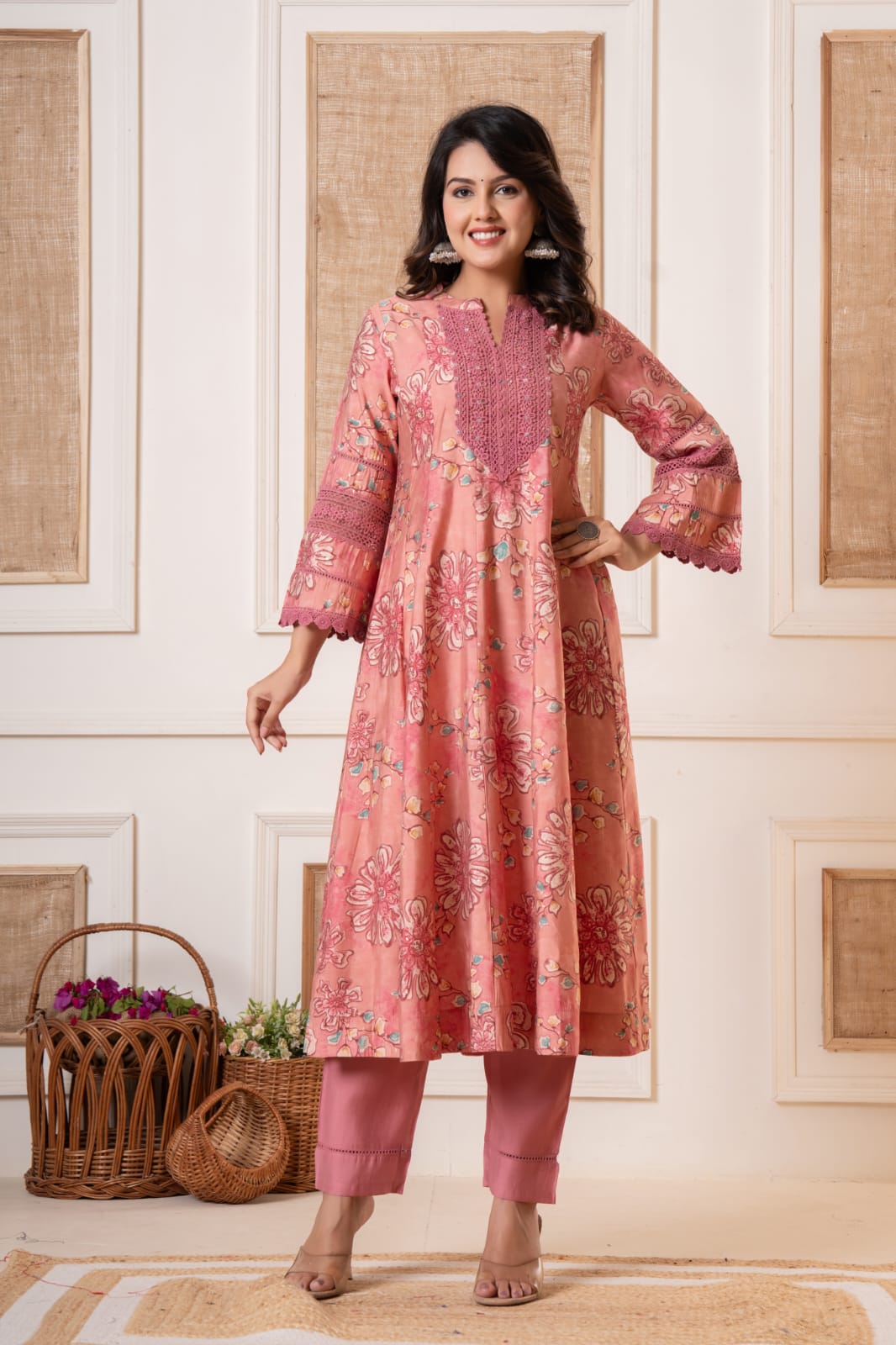 Ditya Floral Printed Pink Pakistani Anarkali Suit Set