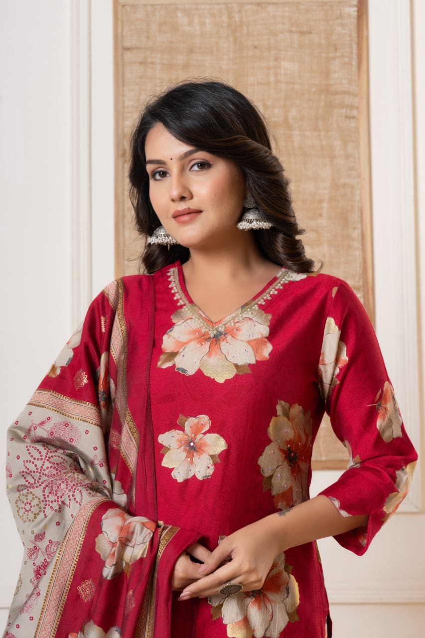 Kishori Floral Printed Red Straight Suit Set