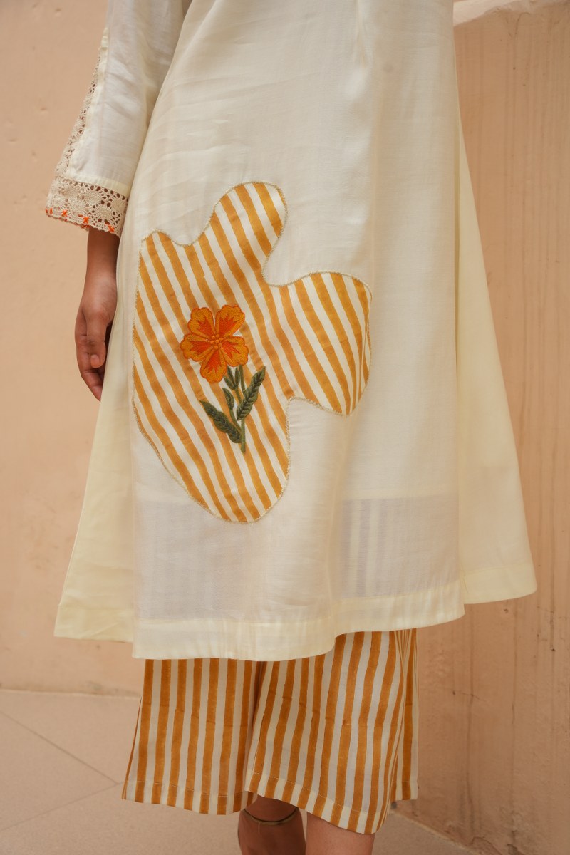 Shehnaz Off white yellow striped coord set