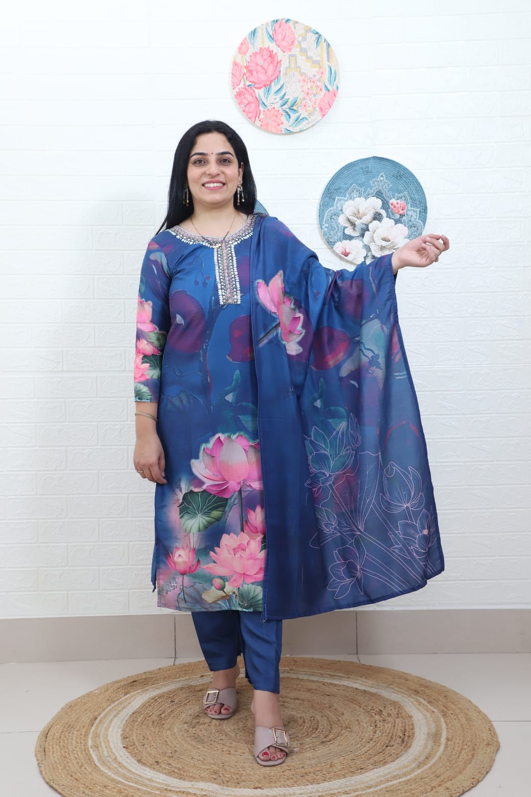 Aisha Blue Floral Printed Straight Suit Set