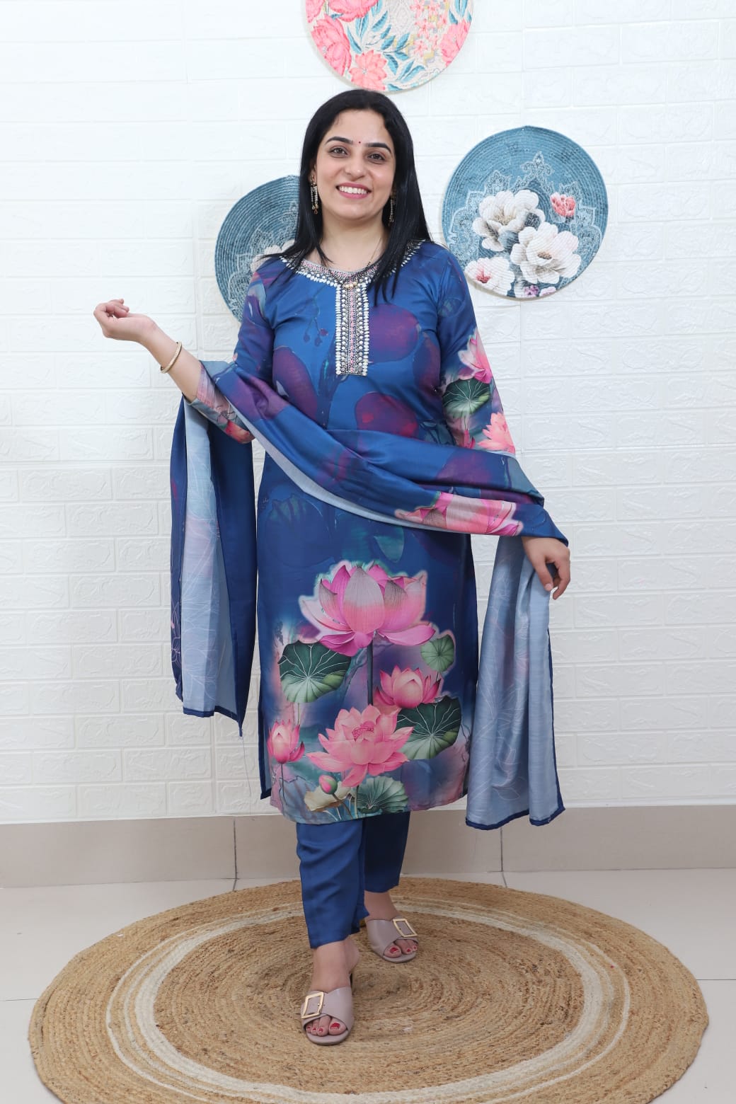 Aisha Blue Floral Printed Straight Suit Set