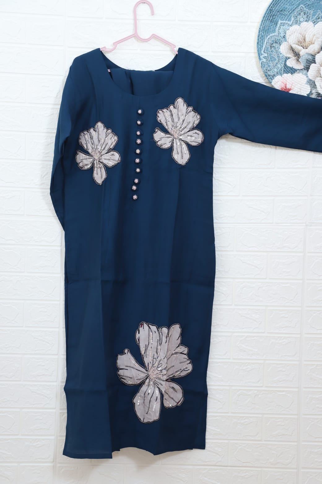 Aarohi Solid Blue Floral Straight Suit Set