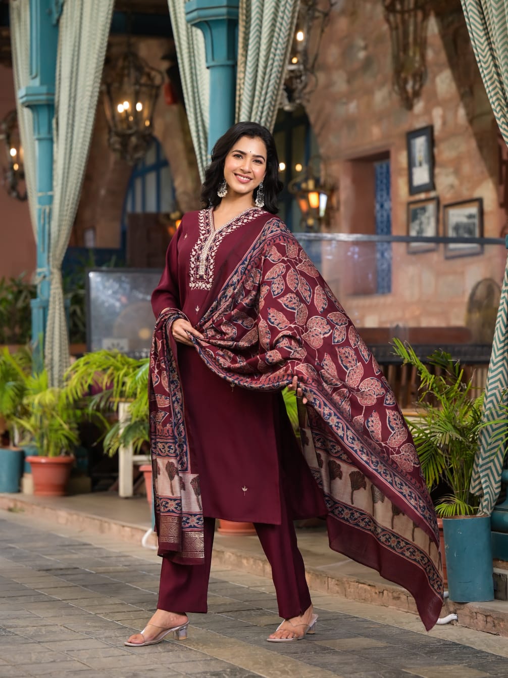 Kishori Zari Embroidered Maroon Straight Suit Set