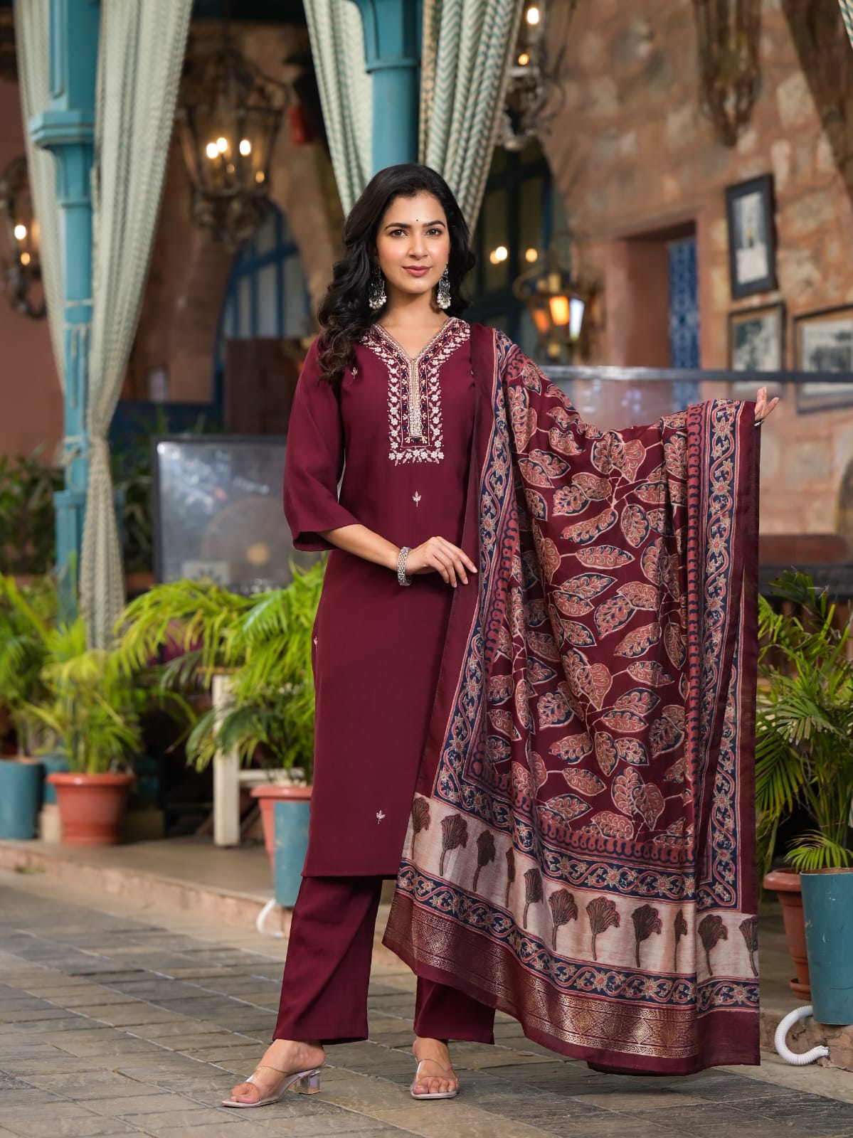 Kishori Zari Embroidered Maroon Straight Suit Set