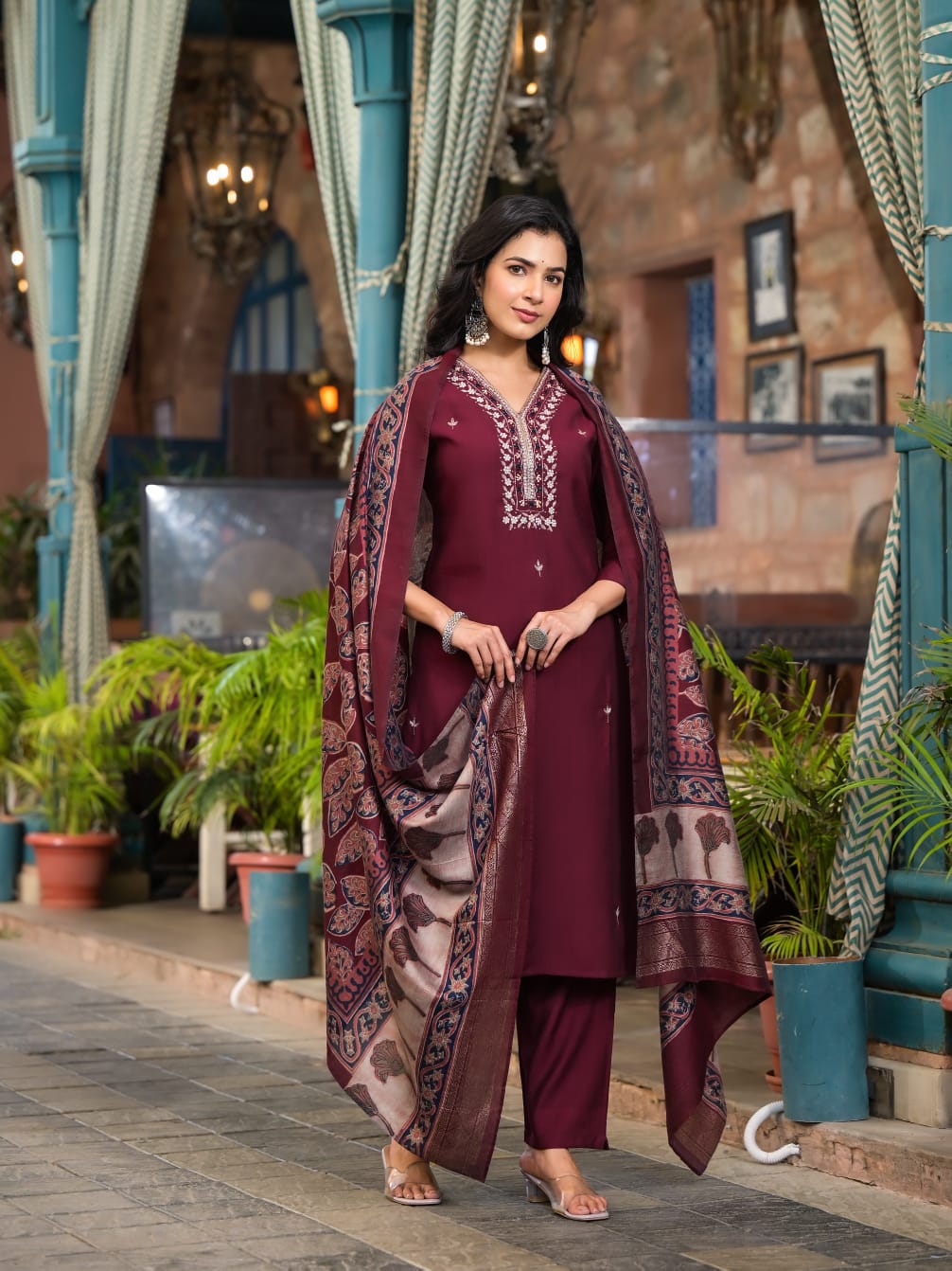 Kishori Zari Embroidered Maroon Straight Suit Set