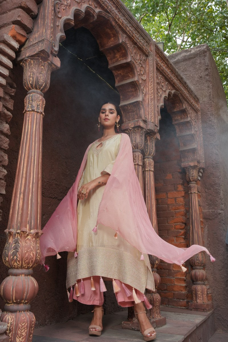 Aditi Beige And Pink Shimmer Suit Set