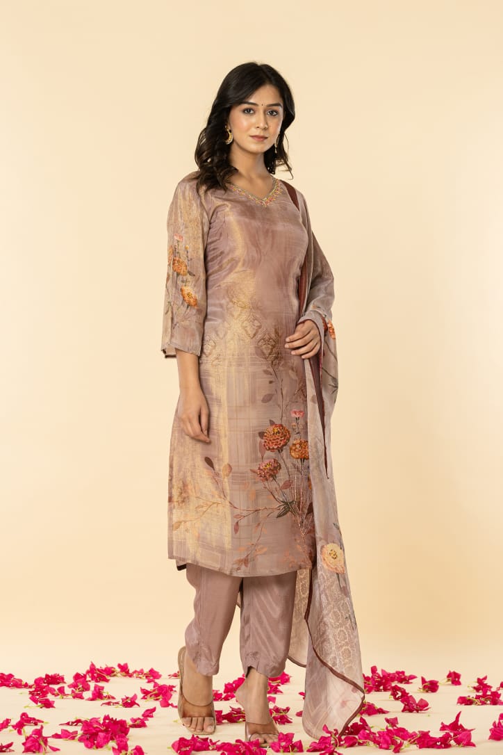 Aditi Brown Shimmer Straight Suit Set