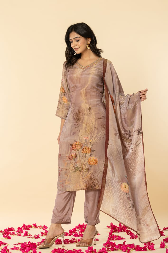 Aditi Brown Shimmer Straight Suit Set