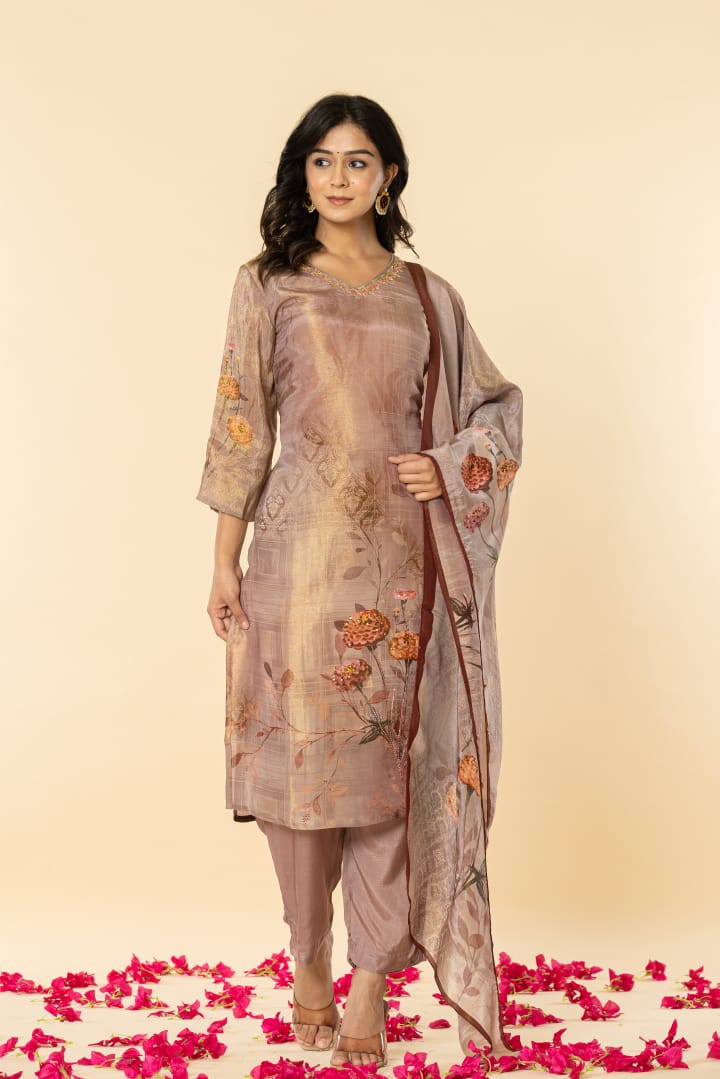 Aditi Brown Shimmer Straight Suit Set