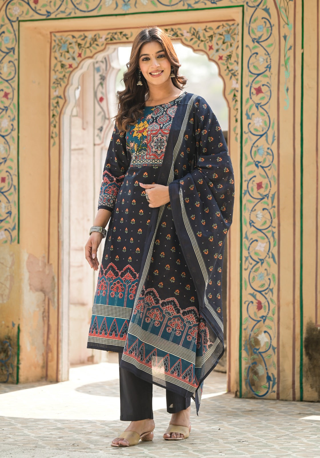 Apurva Ajrakh Block Printed Black Straight Suit Set