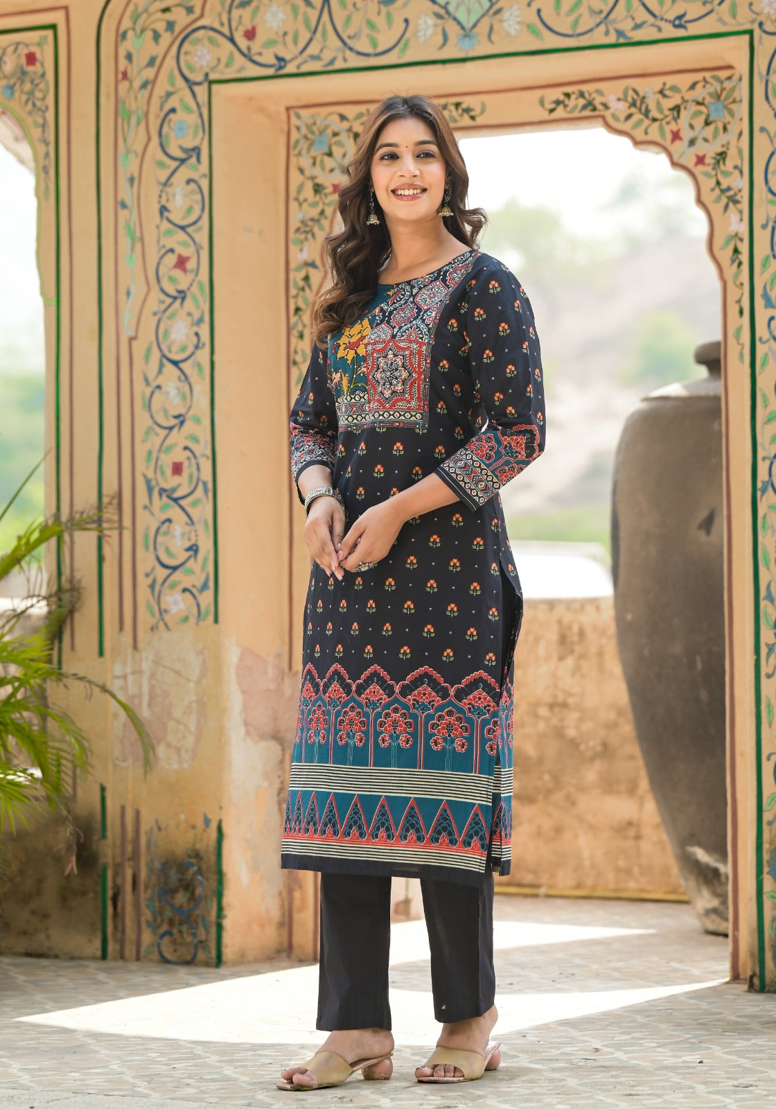 Apurva Ajrakh Block Printed Black Straight Suit Set