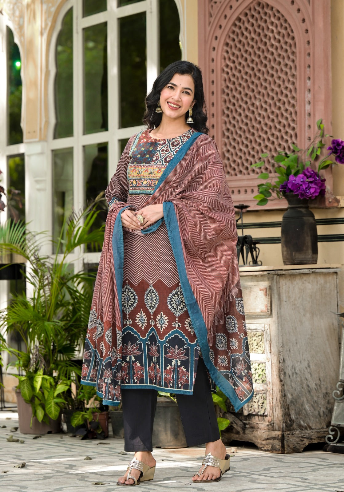 Apurva Ajrakh Block Printed Maroon Straight Suit Set