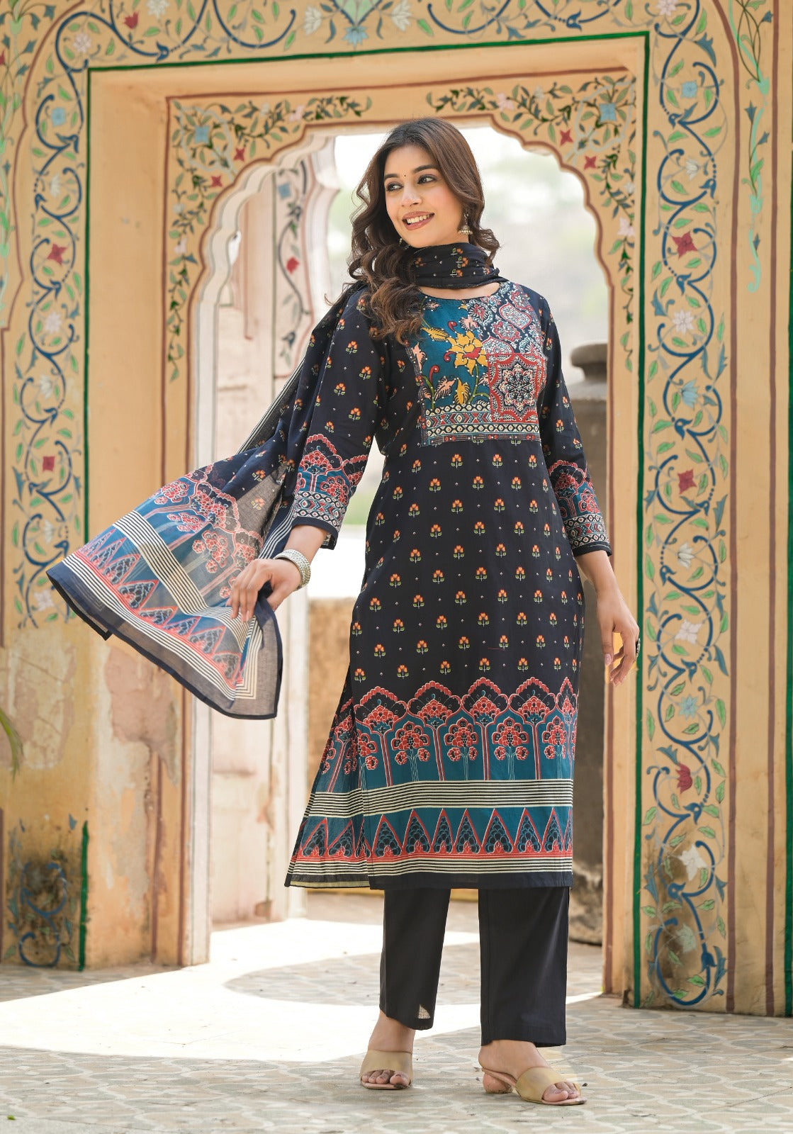 Apurva Ajrakh Block Printed Black Straight Suit Set