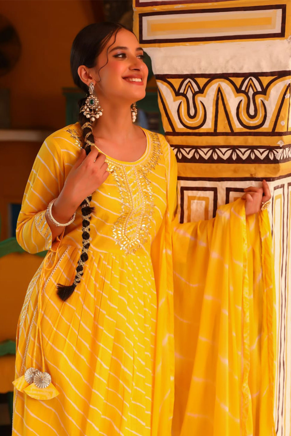 Navya Yellow Lehariya Afghani Suit Set