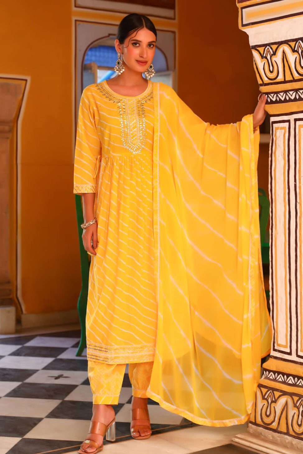 Navya Yellow Lehariya Afghani Suit Set