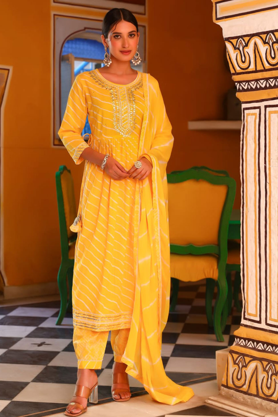 Navya Yellow Lehariya Afghani Suit Set