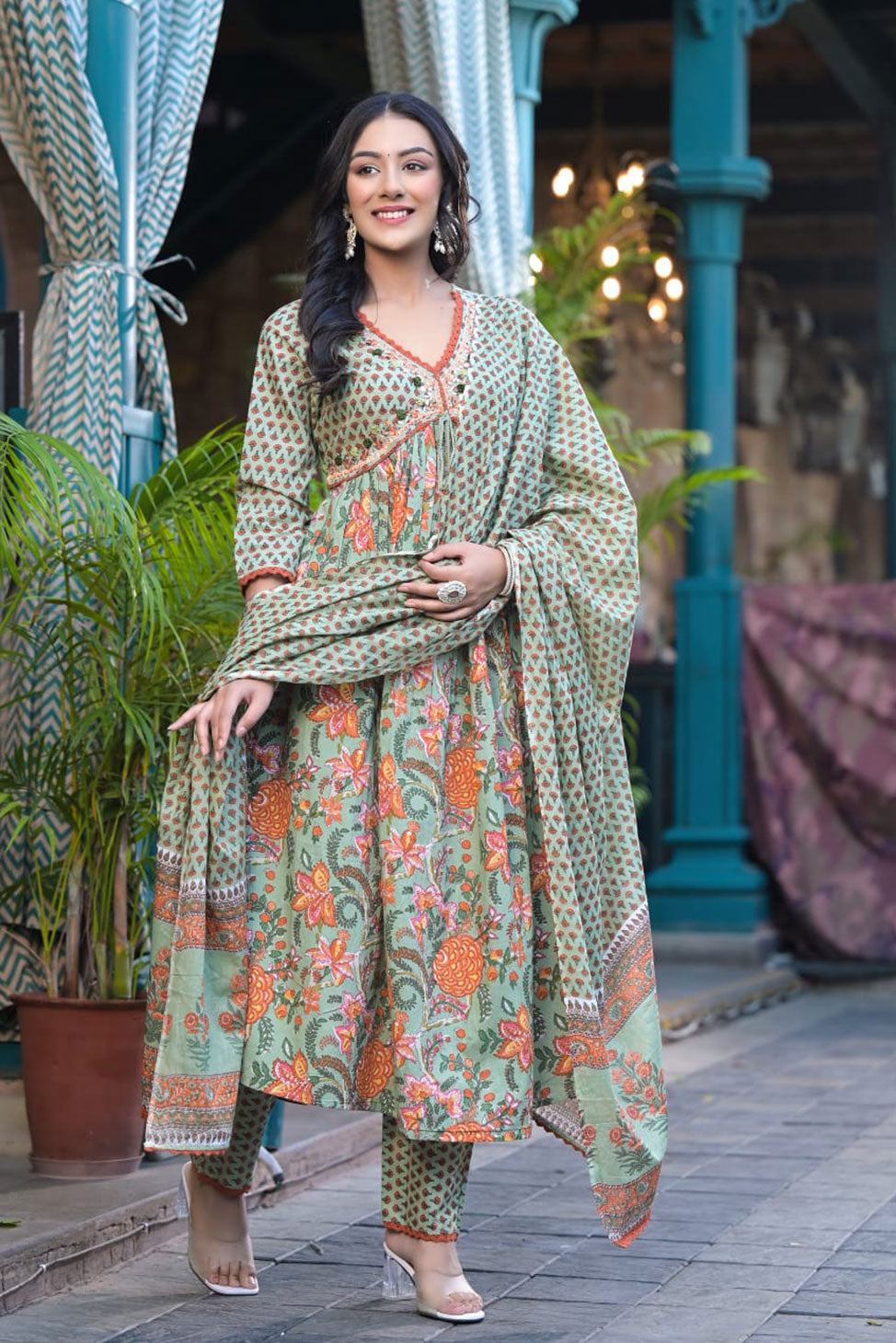 Kaashvi Green & Orange Aliya Suit Set