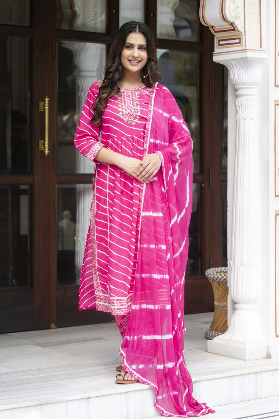 NAVYA Pink Lehariya Afghani Suit Set