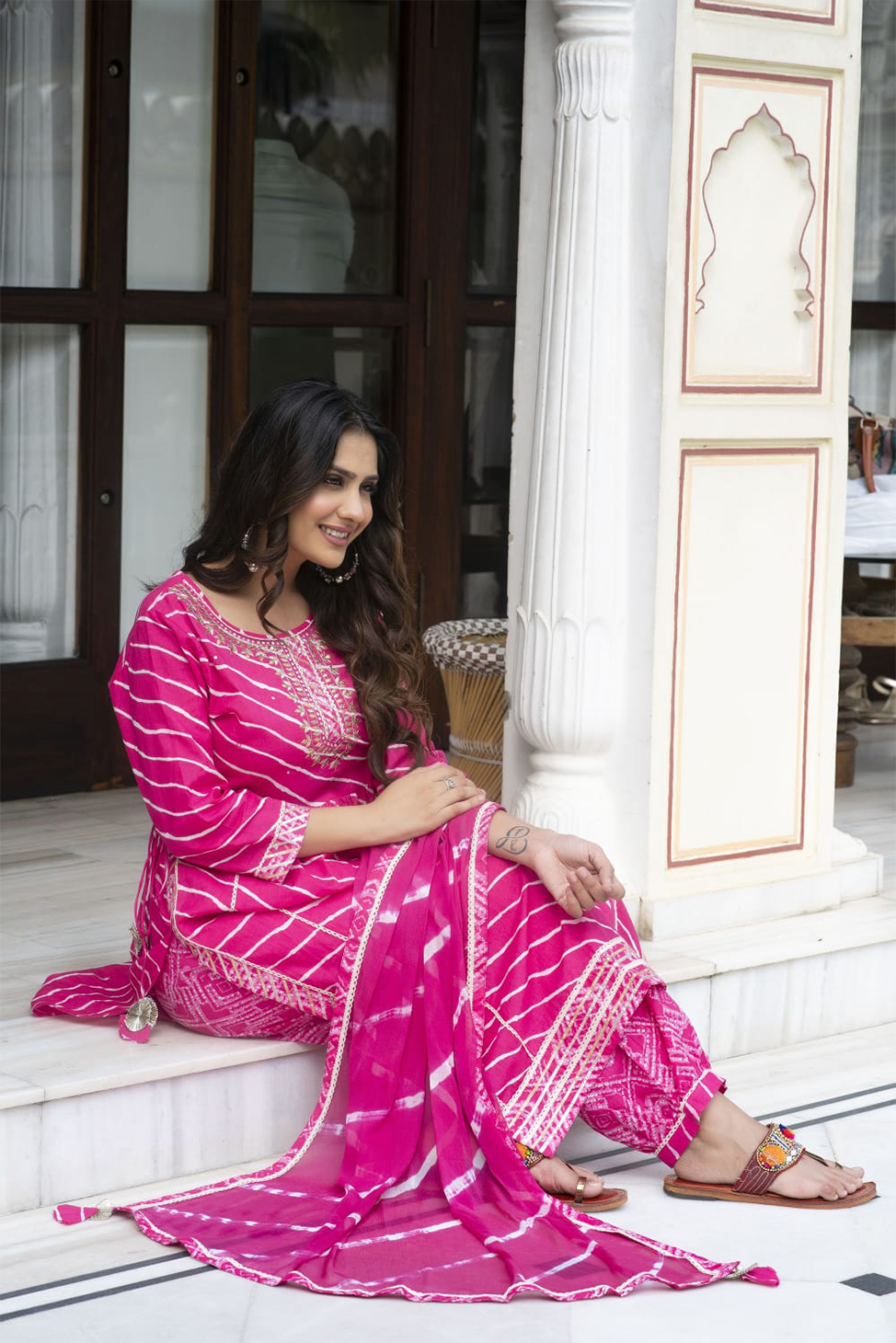 NAVYA Pink Lehariya Afghani Suit Set