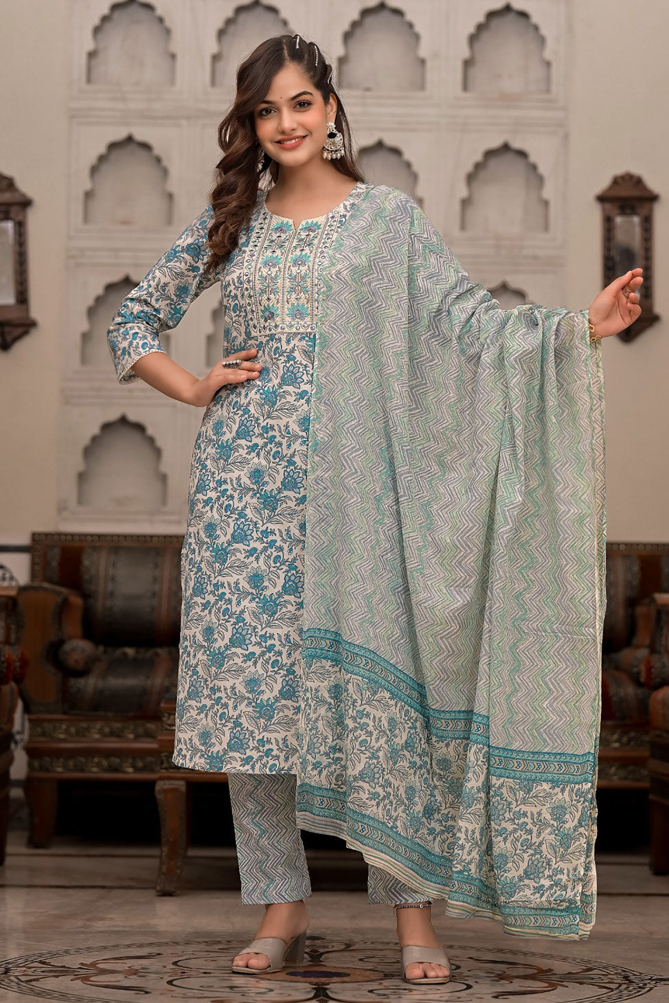 Noori Block Printed White & Blue Suit set