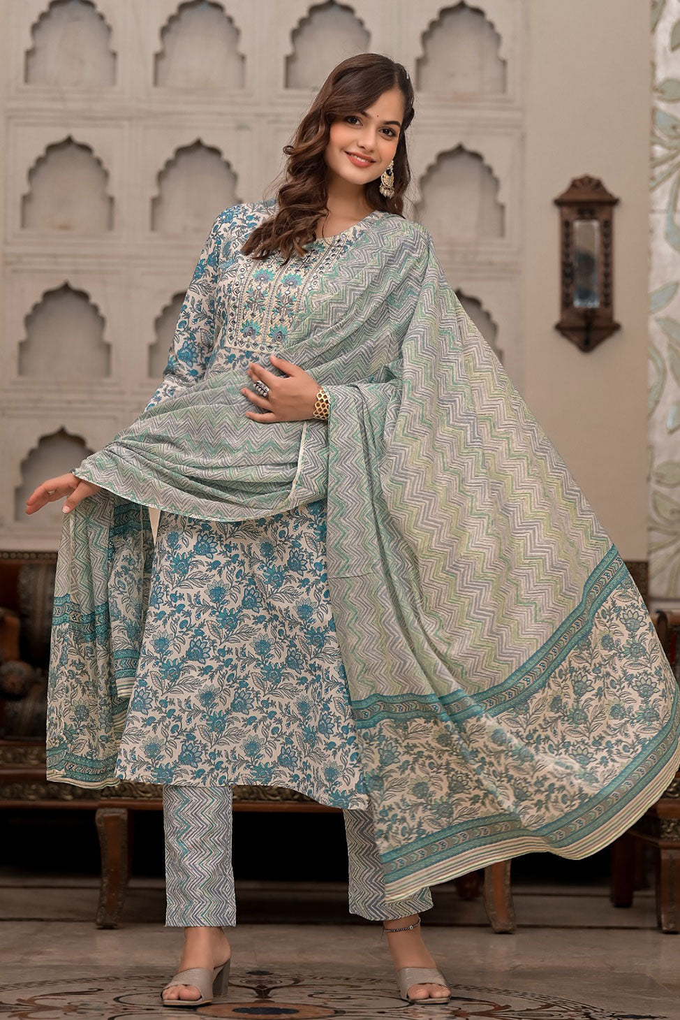 Noori Block Printed White & Blue Suit set