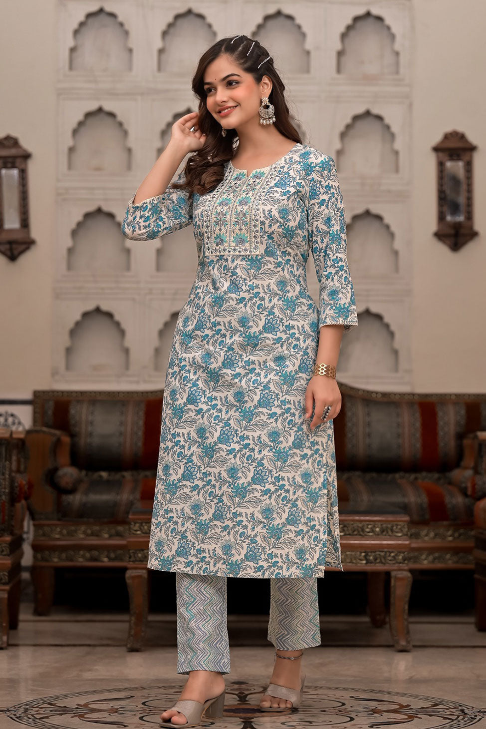 Noori Block Printed White & Blue Suit set