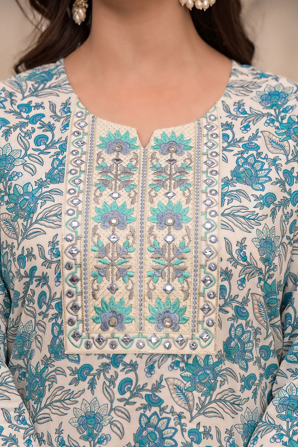 Noori Block Printed White & Blue Suit set