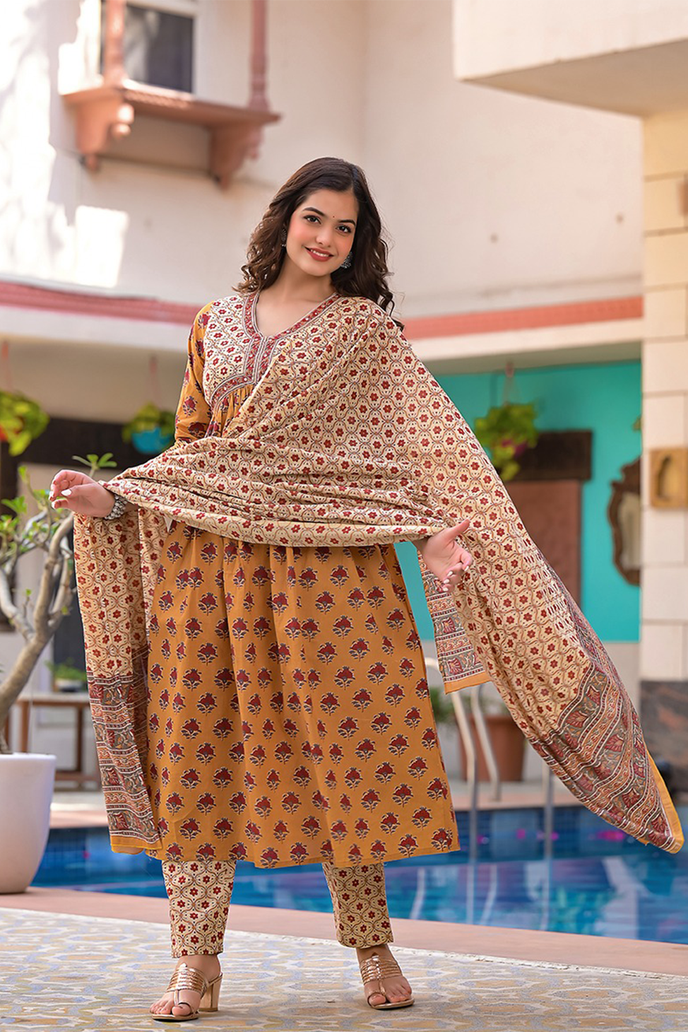 Ibadat Mustard Block Printed Aliya Suit Set